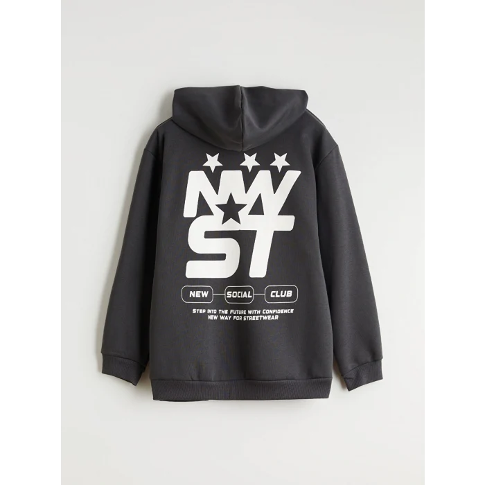 LCW Kids Antrasit Kapüşonlu Baskılı Erkek Çocuk Sweatshirt