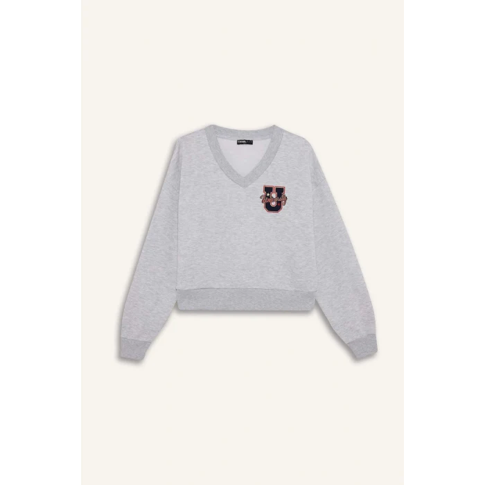 Defacto F9910AXGR256 Gri Coool Loose Fit V Yaka Nakışlı Sweatshirt