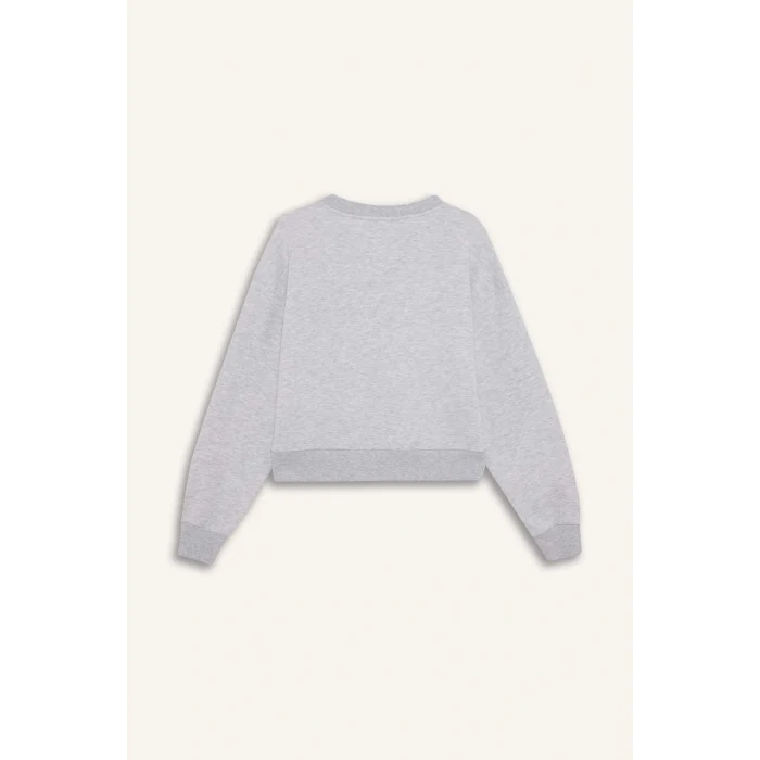 Defacto F9910AXGR256 Gri Coool Loose Fit V Yaka Nakışlı Sweatshirt