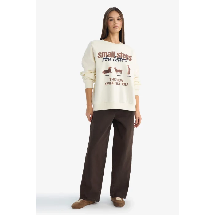 Defacto G3886AXWT47 Beyaz Coool Oversize Geniş Kalıp Bisiklet Yaka Baskılı Sweatshirt