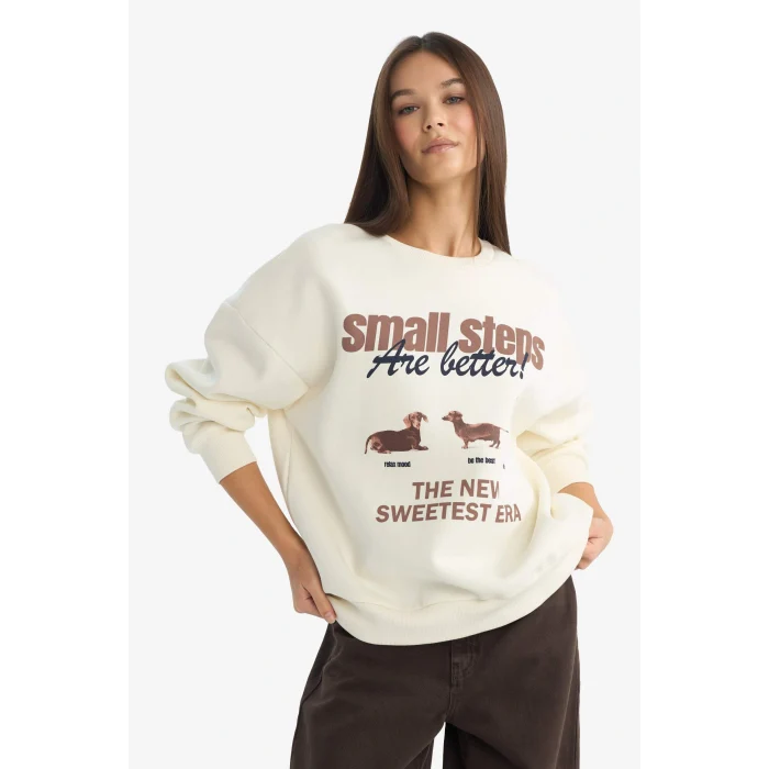 Defacto G3886AXWT47 Beyaz Coool Oversize Geniş Kalıp Bisiklet Yaka Baskılı Sweatshirt