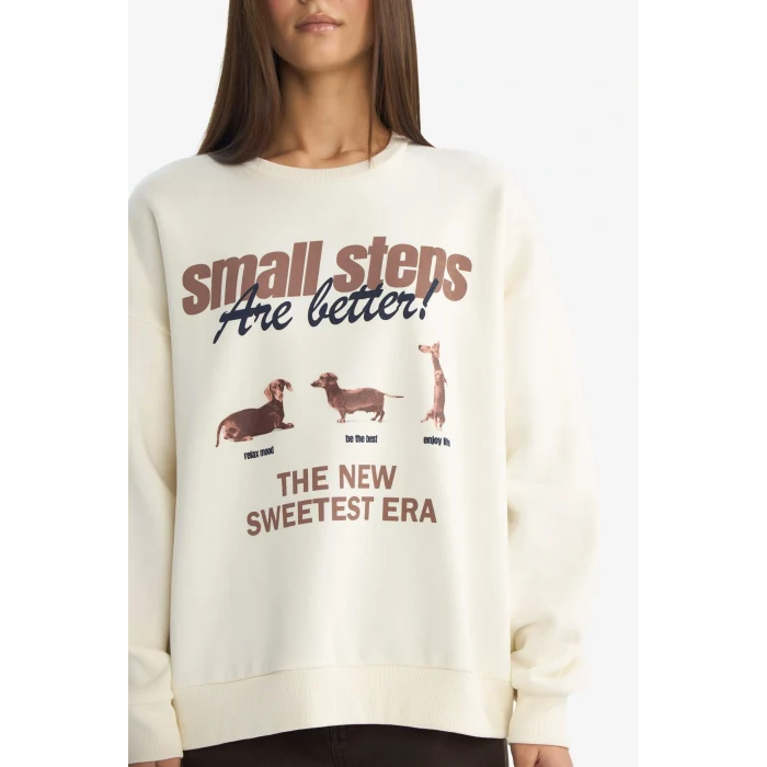 Defacto G3886AXWT47 Beyaz Coool Oversize Geniş Kalıp Bisiklet Yaka Baskılı Sweatshirt