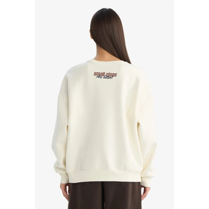 Defacto G3886AXWT47 Beyaz Coool Oversize Geniş Kalıp Bisiklet Yaka Baskılı Sweatshirt