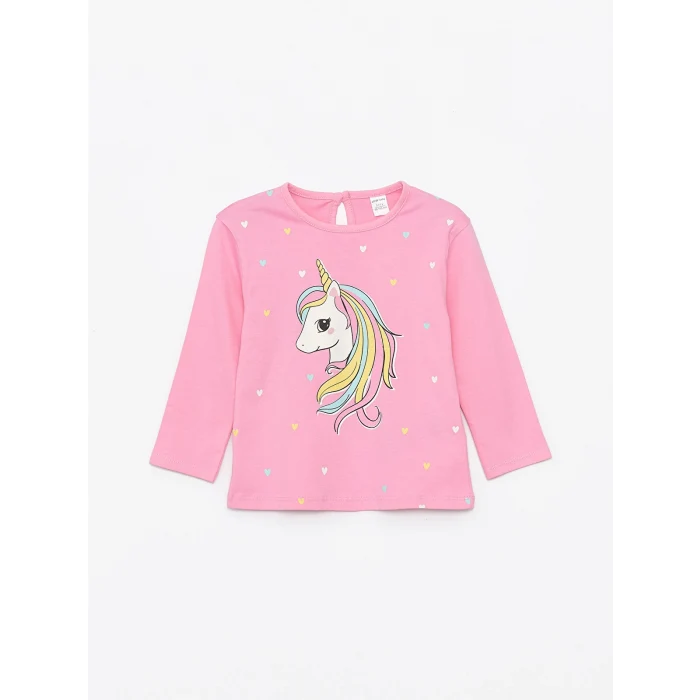 LCW Kids Pembe Bisiklet Yaka Uzun Kollu Baskılı Kız Bebek Tişört