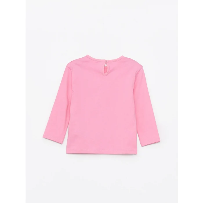LCW Kids Pembe Bisiklet Yaka Uzun Kollu Baskılı Kız Bebek Tişört