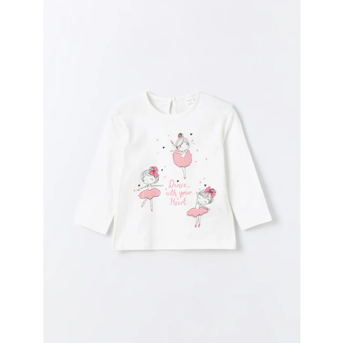 LCW Kids Ekru Bisiklet Yaka Uzun Kollu Baskılı Kız Bebek Tişört