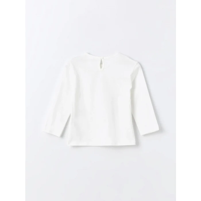 LCW Kids Ekru Bisiklet Yaka Uzun Kollu Baskılı Kız Bebek Tişört