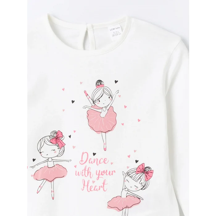 LCW Kids Ekru Bisiklet Yaka Uzun Kollu Baskılı Kız Bebek Tişört