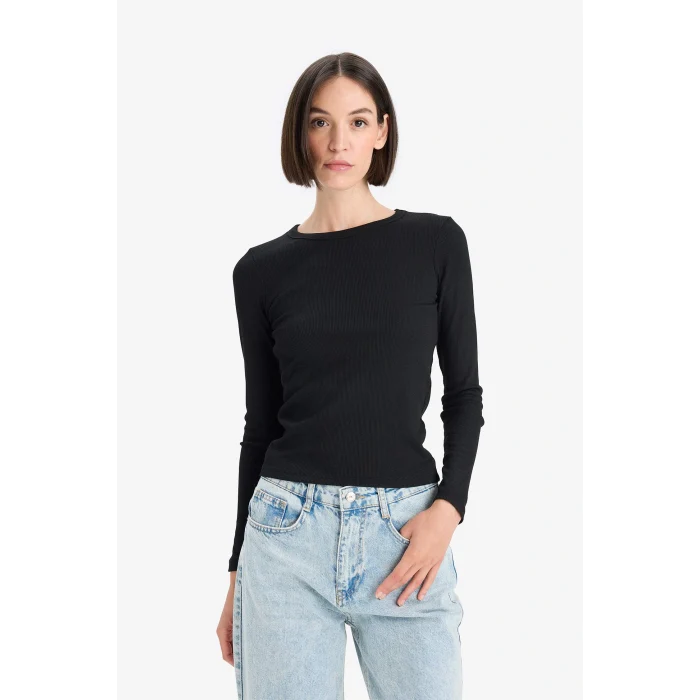 Defacto E5767AXBK81 Siyah Slim Fit Dar Kesim Basic Düz Fitilli Kaşkorse Uzun Kollu Tişört