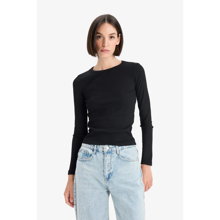 Defacto E5767AXBK81 Siyah Slim Fit Dar Kesim Basic Düz Fitilli Kaşkorse Uzun Kollu Tişört