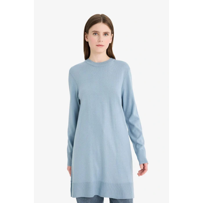 Defacto H3431AZBE174 Mavi Regular Fit Bisiklet Yaka Yırtmaçlı Basic Düz Triko Kazak Tunik