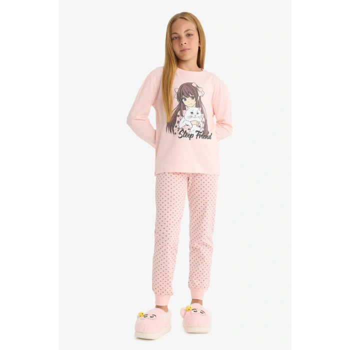 Defacto F6169A8PN127 Pembe Kız Çocuk Pijama Takımı Baskılı Uzun Kollu Üst Desenli Uzun Alt
