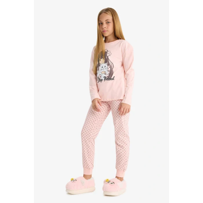 Defacto F6169A8PN127 Pembe Kız Çocuk Pijama Takımı Baskılı Uzun Kollu Üst Desenli Uzun Alt