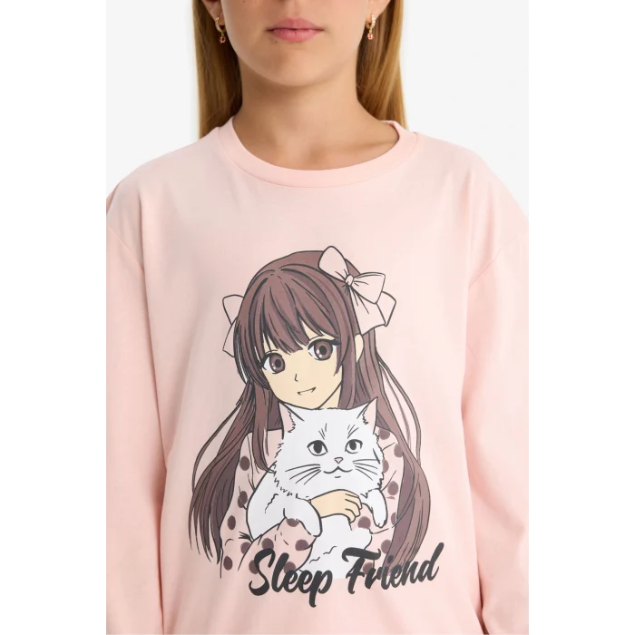 Defacto F6169A8PN127 Pembe Kız Çocuk Pijama Takımı Baskılı Uzun Kollu Üst Desenli Uzun Alt