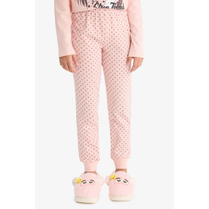 Defacto F6169A8PN127 Pembe Kız Çocuk Pijama Takımı Baskılı Uzun Kollu Üst Desenli Uzun Alt
