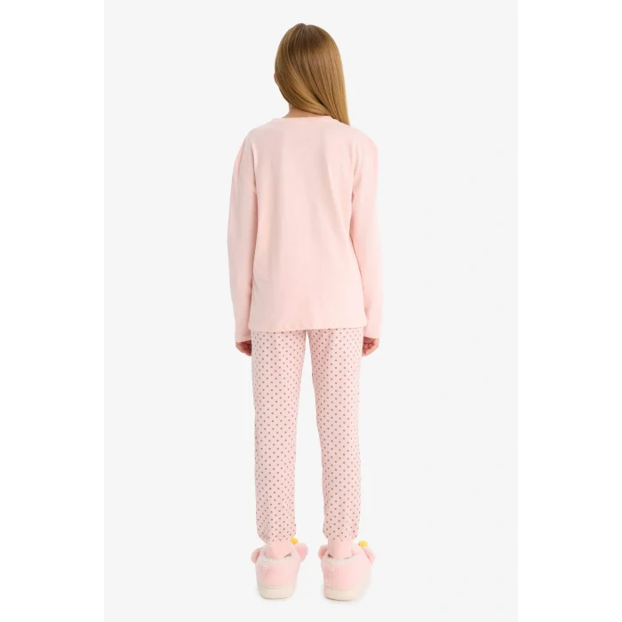 Defacto F6169A8PN127 Pembe Kız Çocuk Pijama Takımı Baskılı Uzun Kollu Üst Desenli Uzun Alt