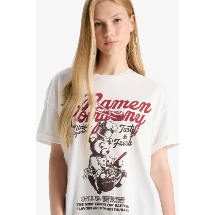 Defacto F8747AXWT32 Beyaz Coool Oversize Geniş Kalıp Baskılı Kısa Kollu Tişört