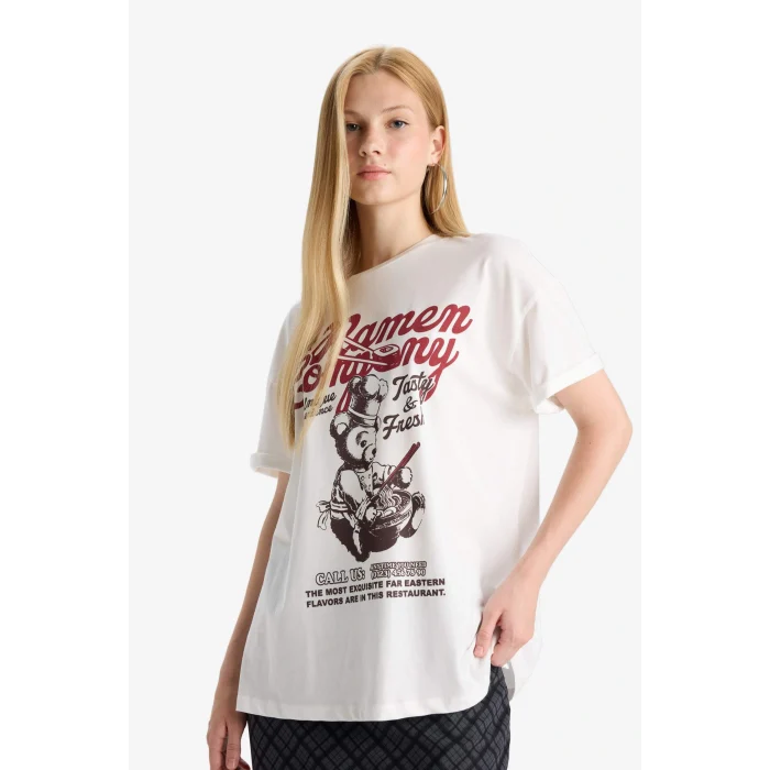 Defacto F8747AXWT32 Beyaz Coool Oversize Geniş Kalıp Baskılı Kısa Kollu Tişört