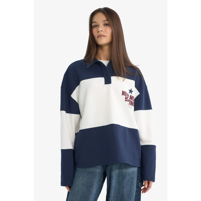 Defacto G3885AXNV241 Lacivert Coool Regular Fit Polo Yaka Sırt Baskılı Sweatshirt