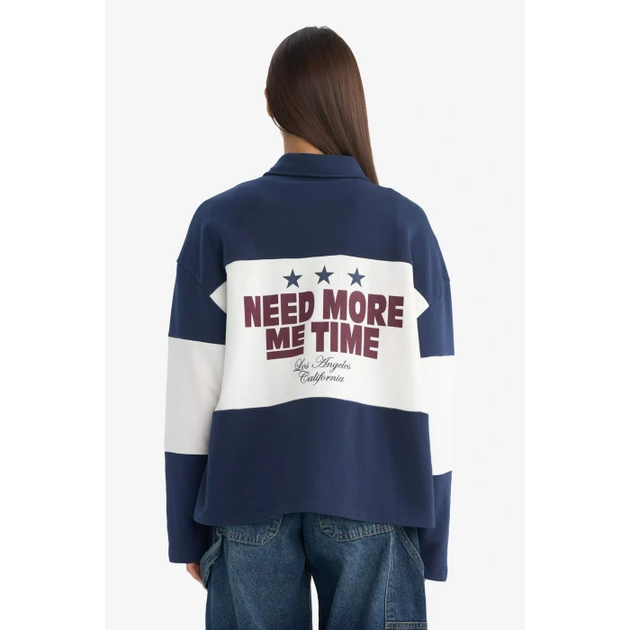 Defacto G3885AXNV241 Lacivert Coool Regular Fit Polo Yaka Sırt Baskılı Sweatshirt