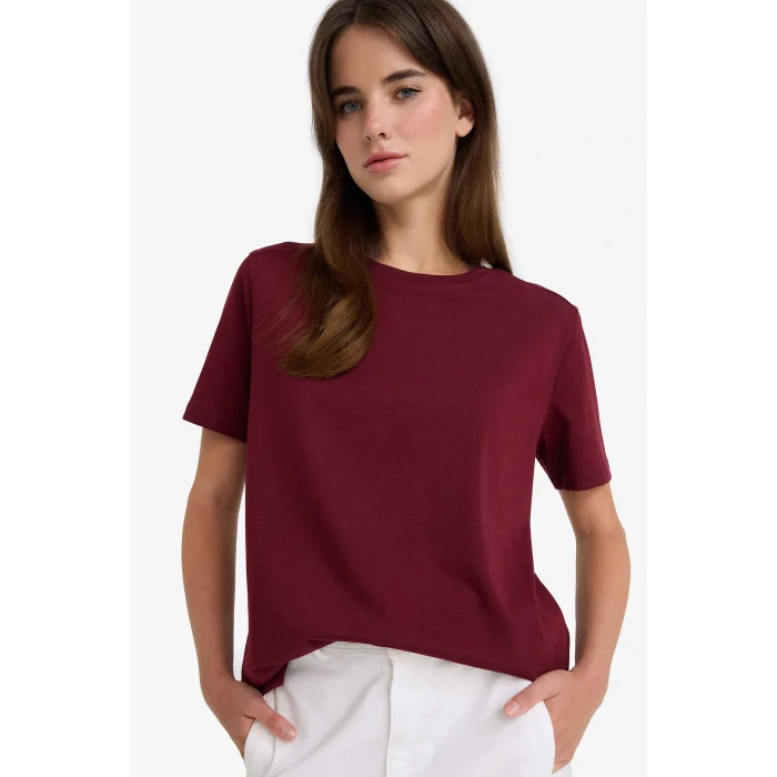 Defacto A9428AXBR115 Bordo Regular Fit Bisiklet Yaka Basic Düz Premium Kısa Kollu Tişört