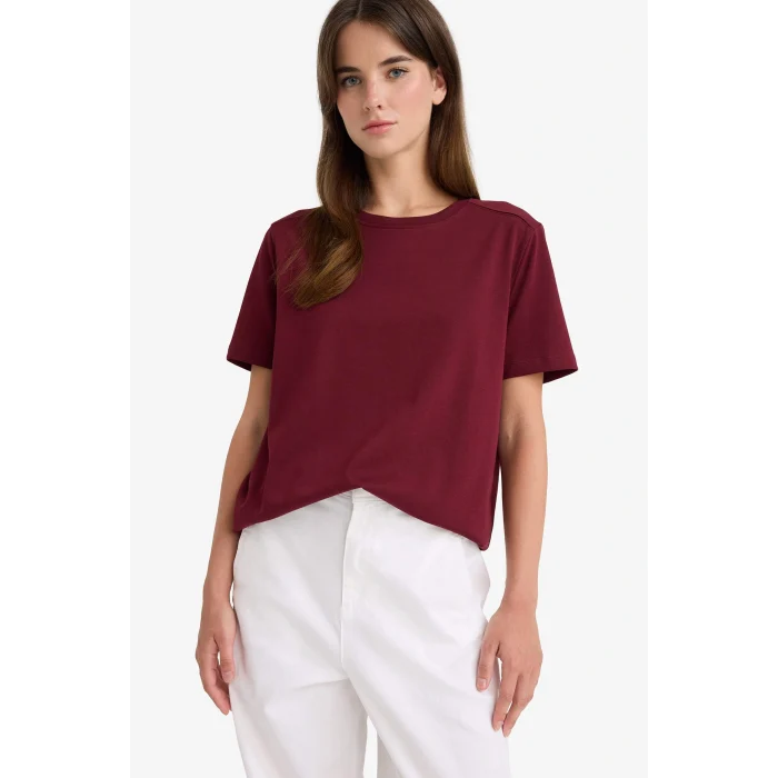 Defacto A9428AXBR115 Bordo Regular Fit Bisiklet Yaka Basic Düz Premium Kısa Kollu Tişört