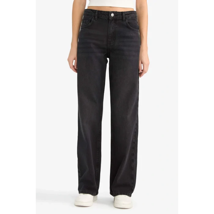 Defacto F2952AXNM40 Siyah Straight Wide Yüksek Bel Uzun Jean Pantolon