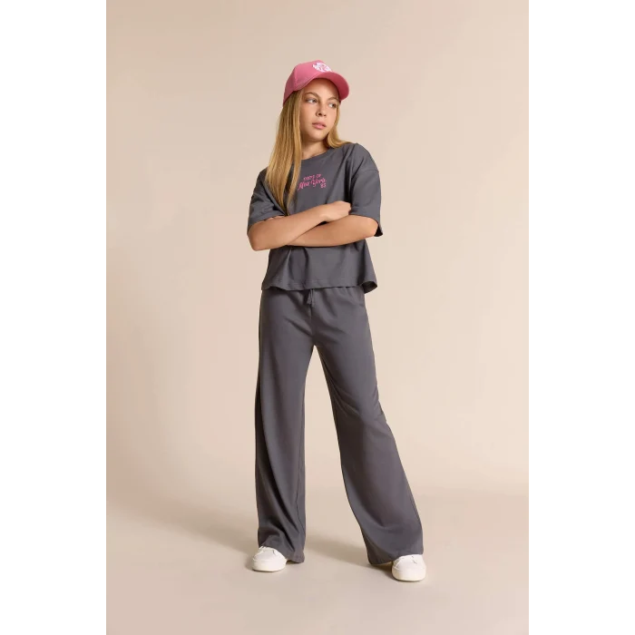 Defacto F5035A8AR58 Antrasit Kız Çocuk 2li Takım Kısa Kollu Baskılı Tişört Beli Lastikli Uzun Alt