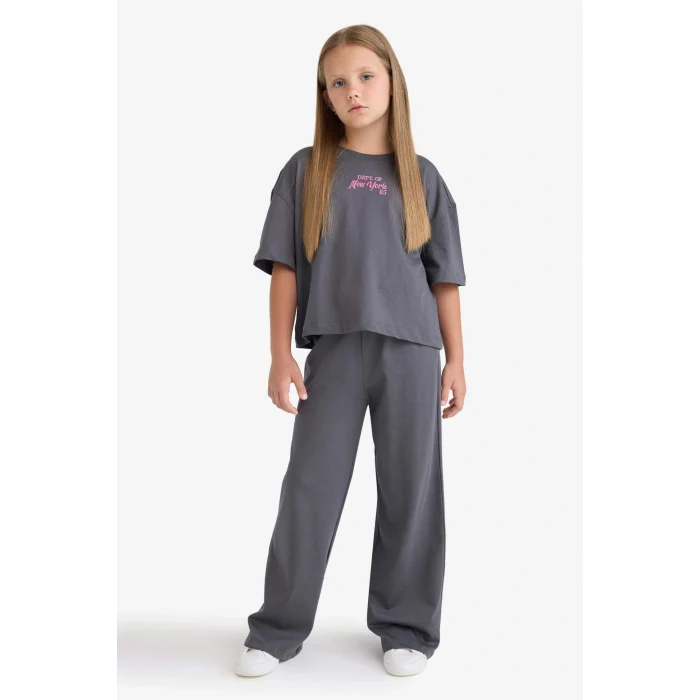 Defacto F5035A8AR58 Antrasit Kız Çocuk 2li Takım Kısa Kollu Baskılı Tişört Beli Lastikli Uzun Alt