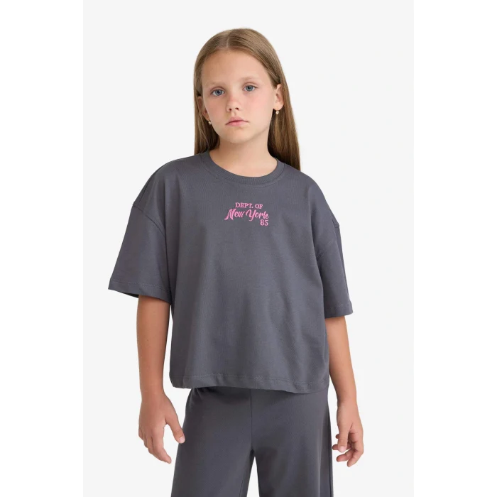 Defacto F5035A8AR58 Antrasit Kız Çocuk 2li Takım Kısa Kollu Baskılı Tişört Beli Lastikli Uzun Alt