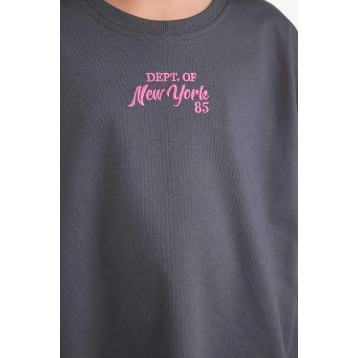 Defacto F5035A8AR58 Antrasit Kız Çocuk 2li Takım Kısa Kollu Baskılı Tişört Beli Lastikli Uzun Alt