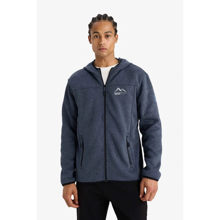 Defacto F3811AXNV123 Lacivert DeFactoFit Standart Fit Kapüşonlu İçi Yumuşak Tüylü Fermuarli Polar Hırka