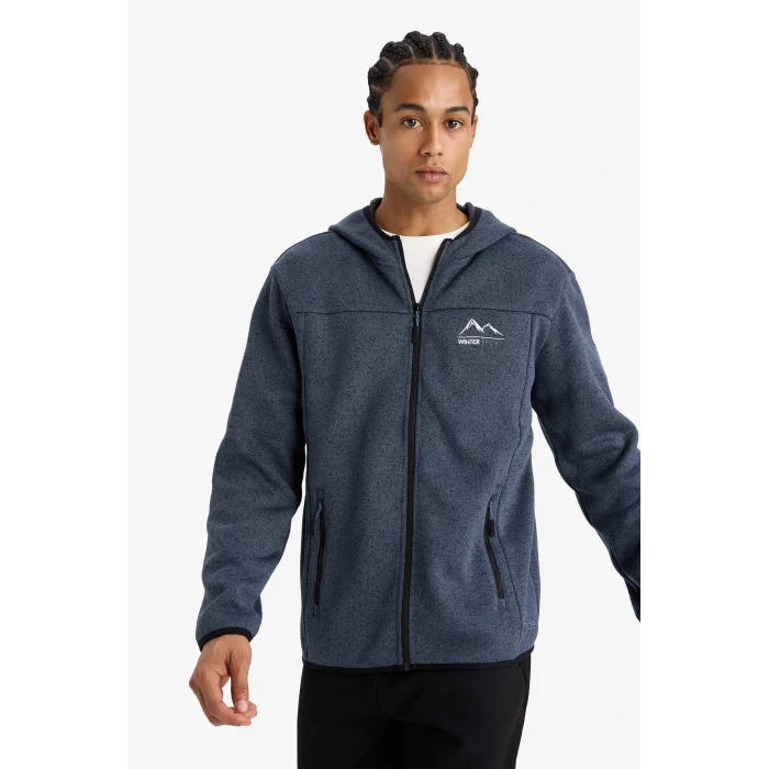 Defacto F3811AXNV123 Lacivert DeFactoFit Standart Fit Kapüşonlu İçi Yumuşak Tüylü Fermuarli Polar Hırka