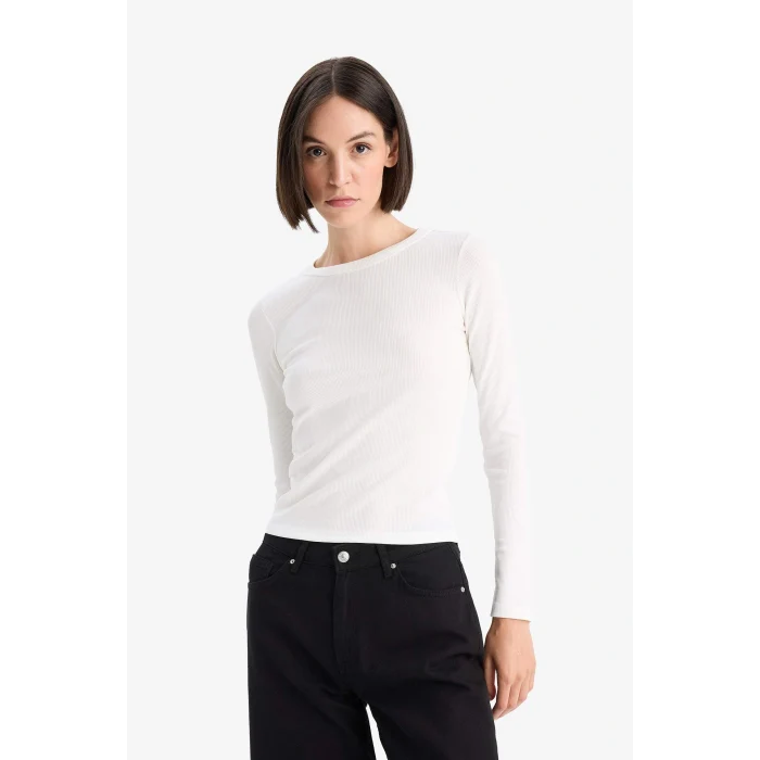 Defacto E5767AXER105 Ekru Slim Fit Dar Kesim Basic Düz Fitilli Kaşkorse Uzun Kollu Tişört