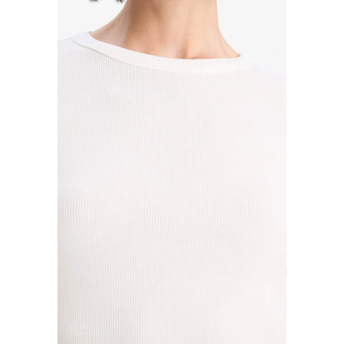 Defacto E5767AXER105 Ekru Slim Fit Dar Kesim Basic Düz Fitilli Kaşkorse Uzun Kollu Tişört