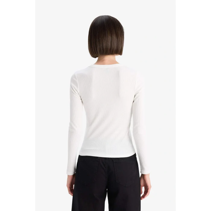 Defacto E5767AXER105 Ekru Slim Fit Dar Kesim Basic Düz Fitilli Kaşkorse Uzun Kollu Tişört