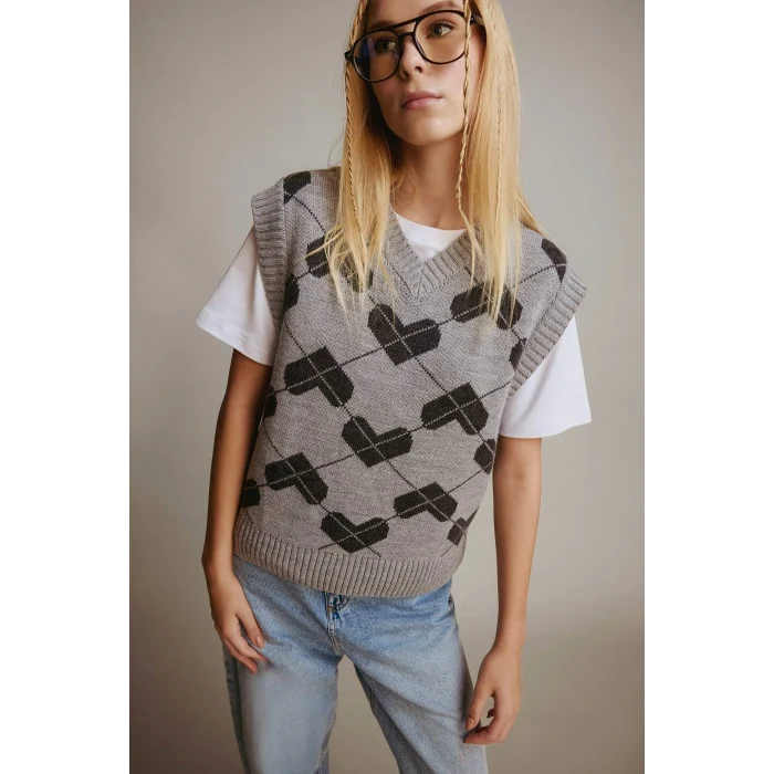 Defacto F9541AXGR256 Gri Coool Regular Fit V Yaka Desenli Süveter