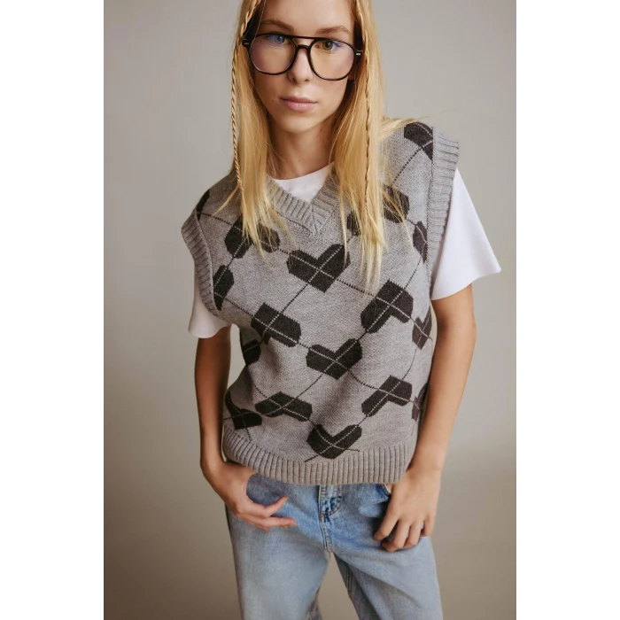 Defacto F9541AXGR256 Gri Coool Regular Fit V Yaka Desenli Süveter