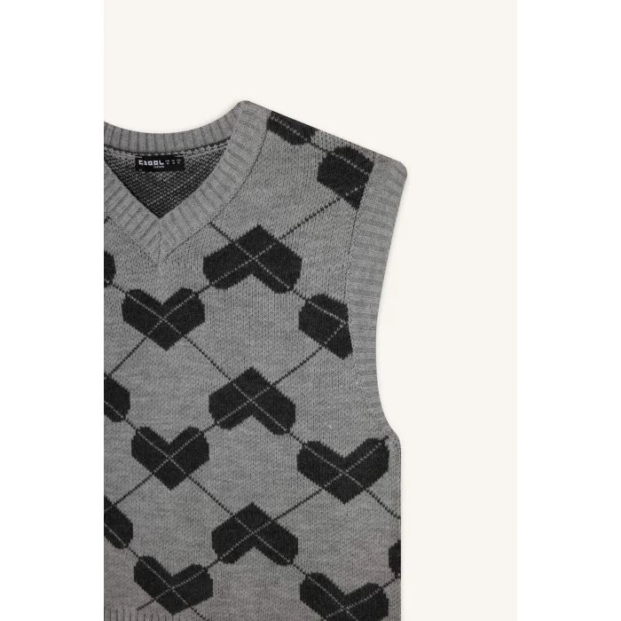 Defacto F9541AXGR256 Gri Coool Regular Fit V Yaka Desenli Süveter