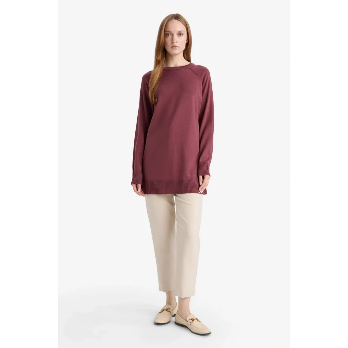 Defacto C4474AXBR350 Bordo Regular Fit Bisiklet Yaka Basic Düz Triko Kazak Tunik