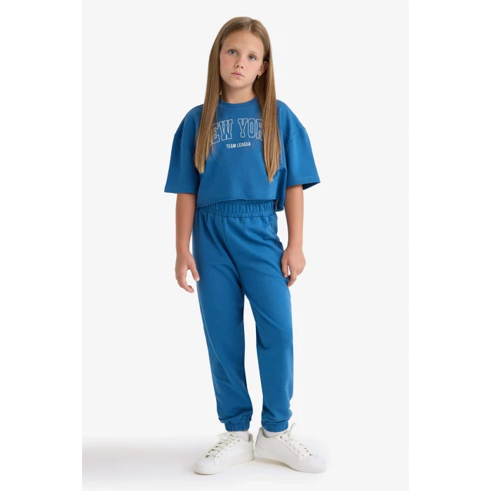 Defacto E6414A8BE376 Mavi Kız Çocuk 2li Takım Baskılı Kısa Kollu Tişört Beli Lastikli Eşofman Altı