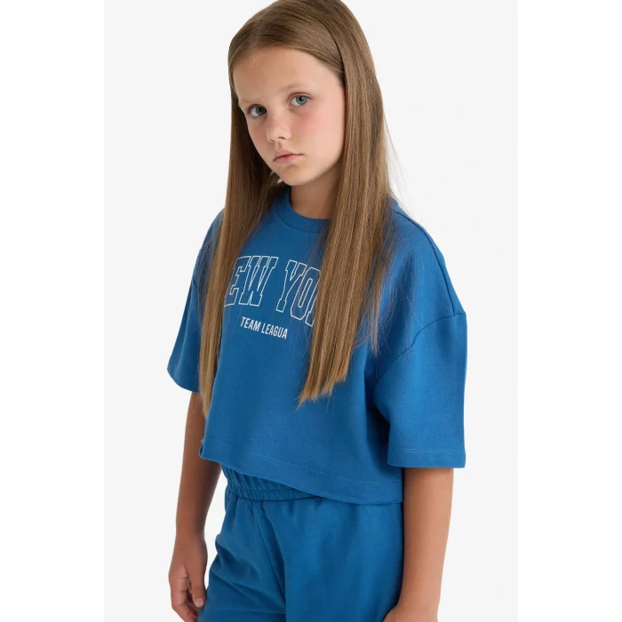 Defacto E6414A8BE376 Mavi Kız Çocuk 2li Takım Baskılı Kısa Kollu Tişört Beli Lastikli Eşofman Altı