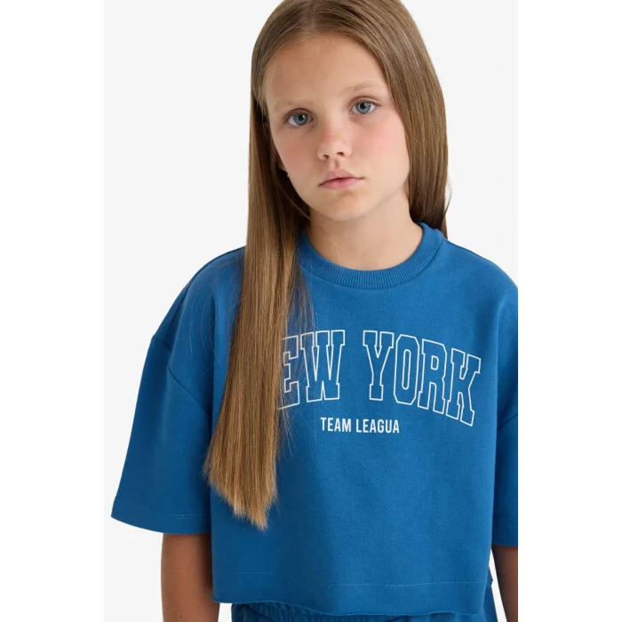 Defacto E6414A8BE376 Mavi Kız Çocuk 2li Takım Baskılı Kısa Kollu Tişört Beli Lastikli Eşofman Altı