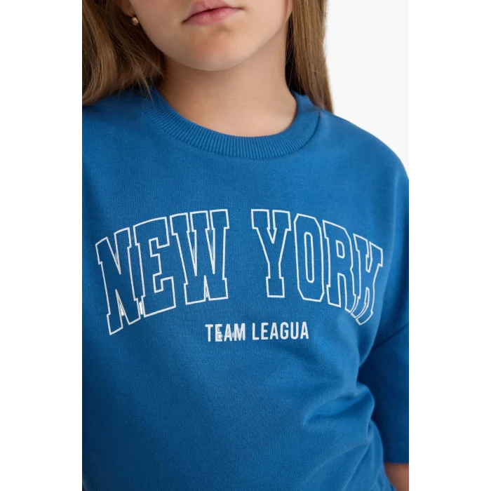 Defacto E6414A8BE376 Mavi Kız Çocuk 2li Takım Baskılı Kısa Kollu Tişört Beli Lastikli Eşofman Altı