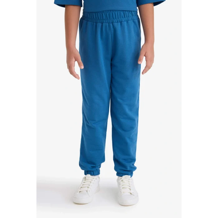 Defacto E6414A8BE376 Mavi Kız Çocuk 2li Takım Baskılı Kısa Kollu Tişört Beli Lastikli Eşofman Altı