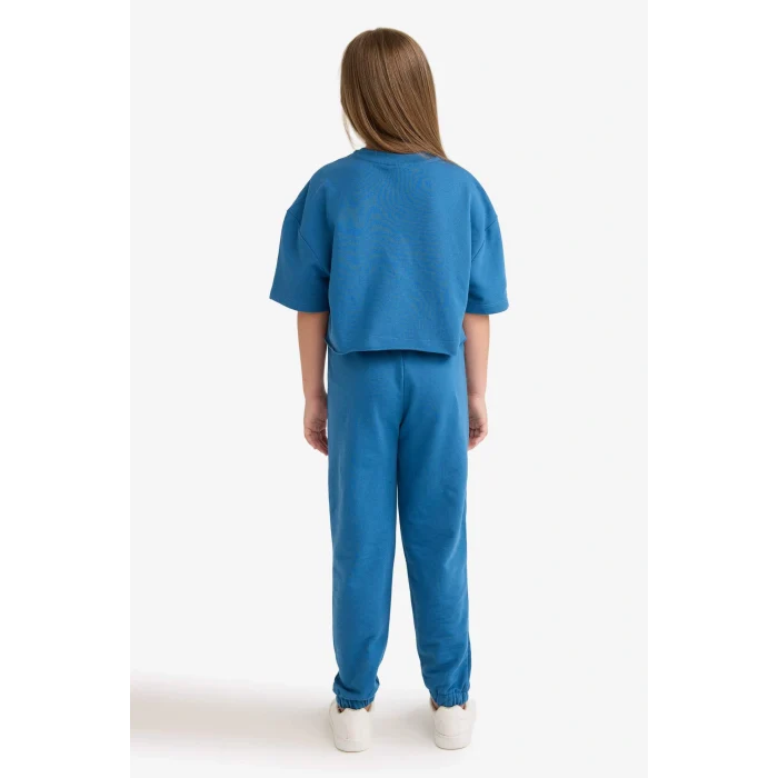 Defacto E6414A8BE376 Mavi Kız Çocuk 2li Takım Baskılı Kısa Kollu Tişört Beli Lastikli Eşofman Altı