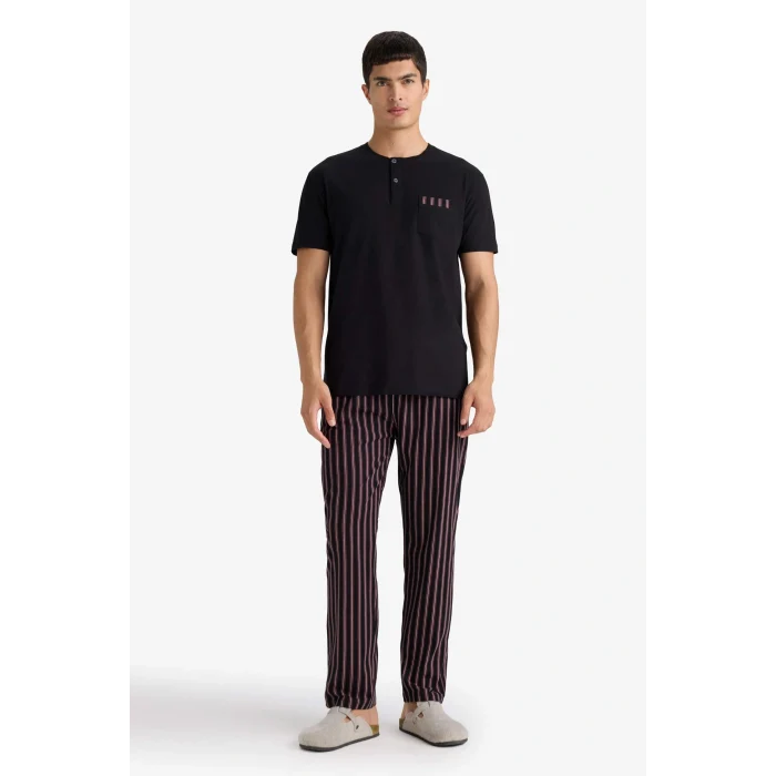 Defacto F4884AXBK81 Siyah Pijama Takımı Regular Fit Kısa Kollu Üst Çizgili Uzun Alt