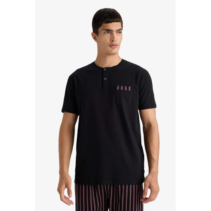 Defacto F4884AXBK81 Siyah Pijama Takımı Regular Fit Kısa Kollu Üst Çizgili Uzun Alt