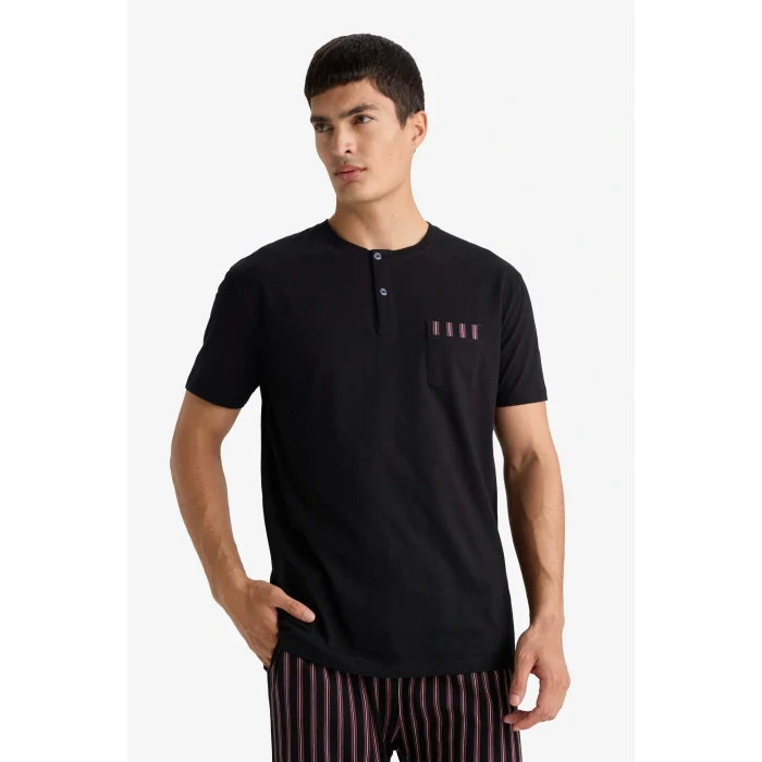 Defacto F4884AXBK81 Siyah Pijama Takımı Regular Fit Kısa Kollu Üst Çizgili Uzun Alt