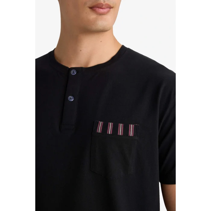 Defacto F4884AXBK81 Siyah Pijama Takımı Regular Fit Kısa Kollu Üst Çizgili Uzun Alt